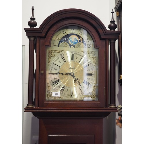 450 - A Denclock mahogany long case clock with brass dial and moon phases, 75