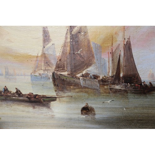 395 - John William Buxton Knight: oil on canvas, fishing boats at dusk, 8