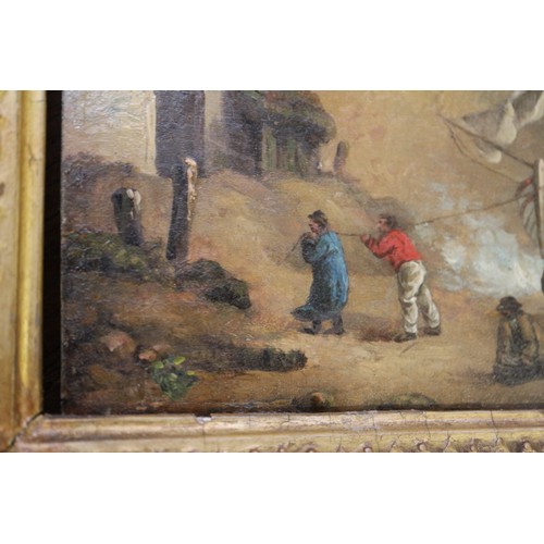 397 - A 19th century oil on tin, coastal scene with figures and fishing boats, 5 1/2