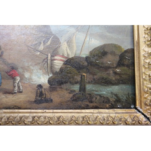 397 - A 19th century oil on tin, coastal scene with figures and fishing boats, 5 1/2