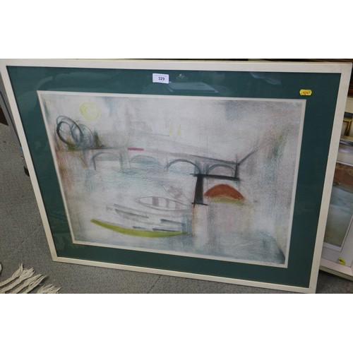 329 - G Fuchs: coloured lithograph, abstract with boats and a bridge, in white strip frame, a study of an ... 