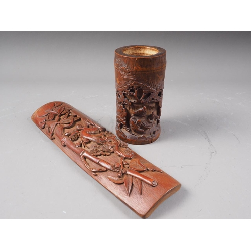 84 - A Chinese bamboo wrist rest with carved bamboo decoration, 9 1/2