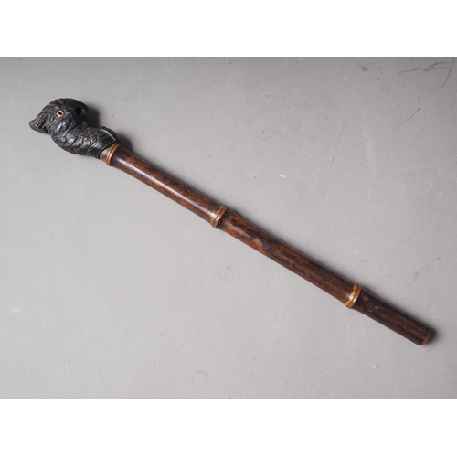 115 - A 19th century carved ebony parrot head parasol handle with bamboo stem, 12