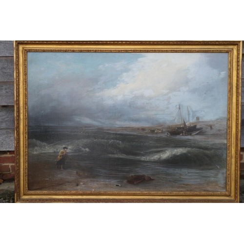 246 - An English mid 19th century oil on canvas, Suffolk coastal scene with shrimp fisher and fishing boat... 