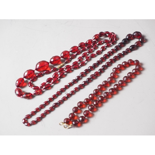 186 - Three various cherry amber facetted bead necklaces, 120.7g gross