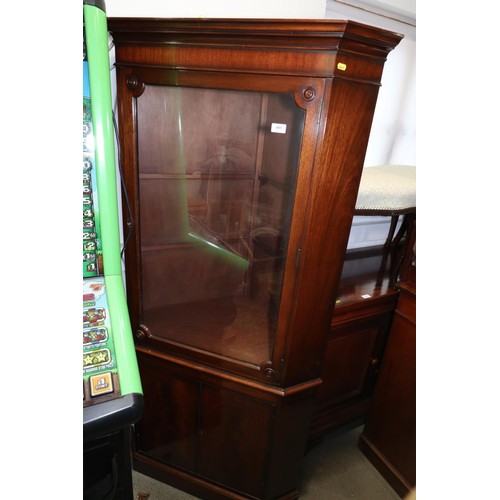 313 - A brass framed marble top occasional table, and a mahogany corner display cabinet, the upper section... 