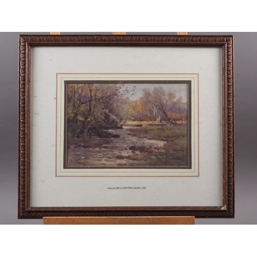 232 - Georgina M de L'Aubinere: watercolours, river scene with children, 6 1/2