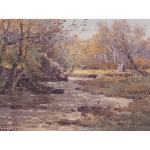 232 - Georgina M de L'Aubinere: watercolours, river scene with children, 6 1/2