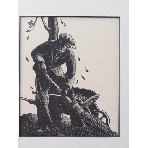 206 - Clare Leighton: a wood engraving, Autumn sweeping leaves, in strip frame