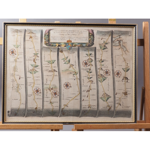 218 - John Ogibly: an 18th century roadmap, London to Weymouth, in Hogarth frame, and a similar map, Monmo... 