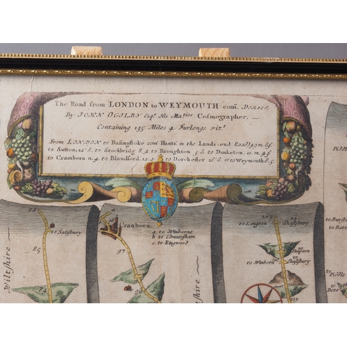 218 - John Ogibly: an 18th century roadmap, London to Weymouth, in Hogarth frame, and a similar map, Monmo... 