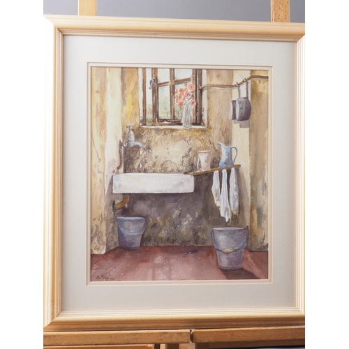 235 - M Jay: a watercolour study, stone sink, in strip frame, and Dennis Harrison: watercolour study, Sken... 