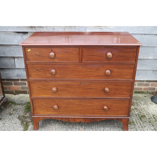 264 - A mid 19th century mahogany chest of two short and three long graduated drawers with knob handles, o... 