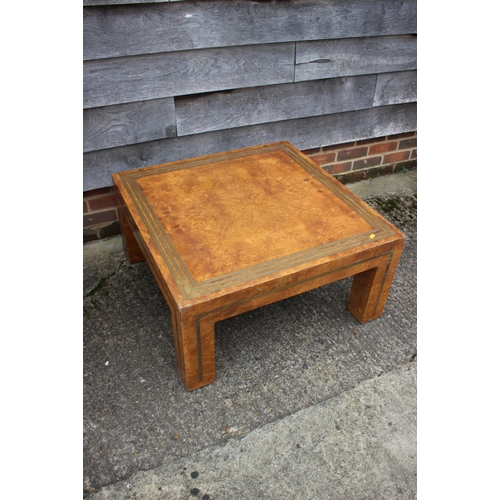 301 - An Art Deco style burr walnut quarter veneered and brass inlaid square top coffee table, 32