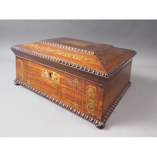 117 - An early 19th century rosewood and brass inlaid work box with lift out tray, on bun feet, 14