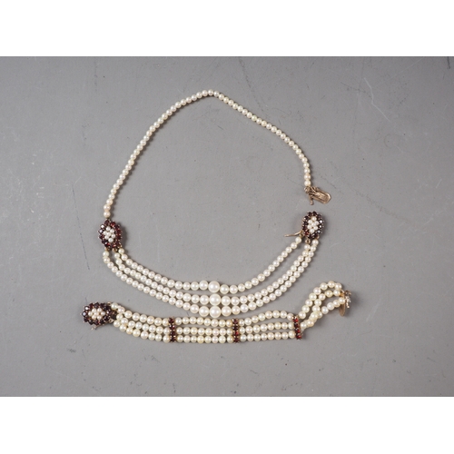 192 - A 9ct gold, garnet and seed pearl choker, and a matching three-strand bracelet