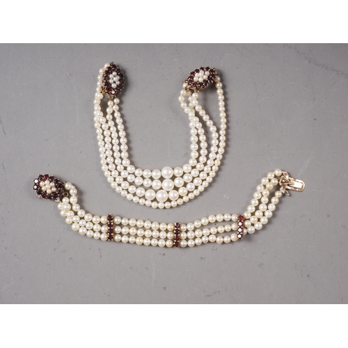 192 - A 9ct gold, garnet and seed pearl choker, and a matching three-strand bracelet