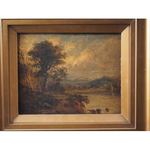 241 - A 19th century oil on board, landscape with lake, 8