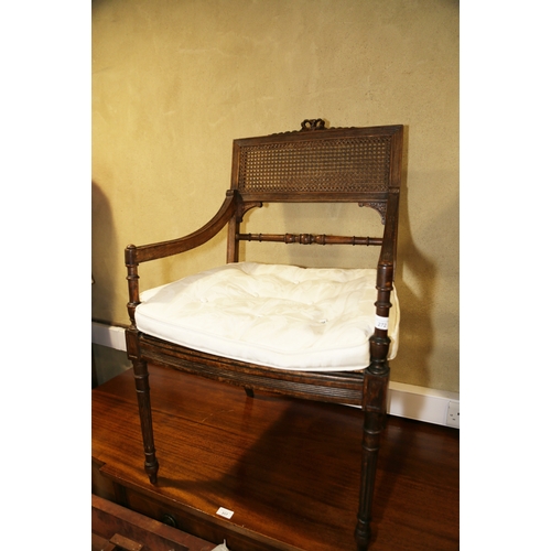 272 - A late 19th century polished as walnut Louis XVI design open armchair with cane seat and back, on tu... 