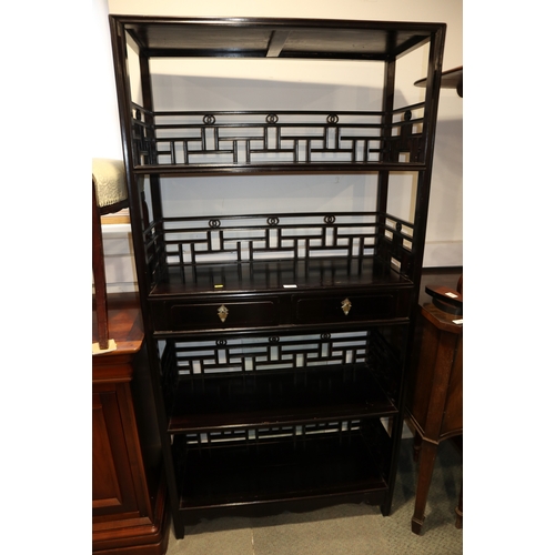 308 - A Chinese ebonised hardwood open bookcase, fitted two centre drawers, 34