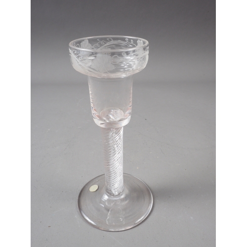 50 - An 18th century design engraved cordial glass with air twist stem, 5