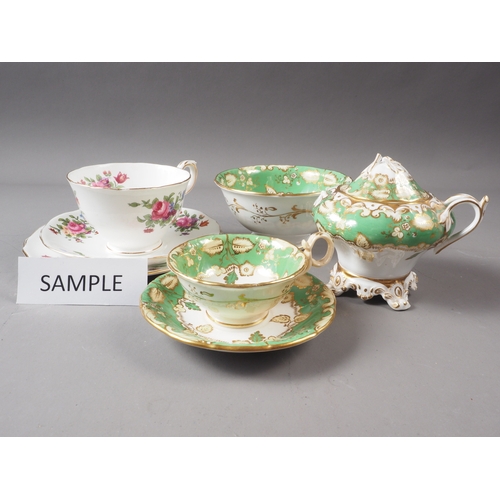 54 - A Royal Crown Staffordshire floral decorated part teaset and 19th century green and gilt decorated p... 