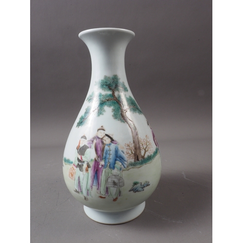 66 - A Chinese porcelain bulbous vase with figures, birds and landscape decoration, 8 1/2