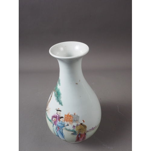 66 - A Chinese porcelain bulbous vase with figures, birds and landscape decoration, 8 1/2