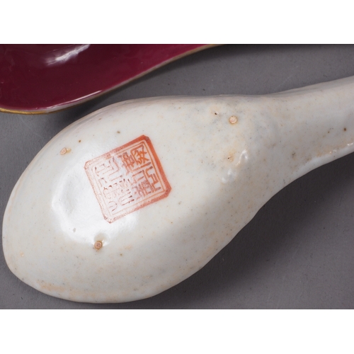 71 - Five Chinese porcelain purple glazed rice spoons with five matching smaller spoons, all with seal ma... 