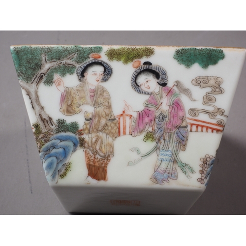 74 - A Chinese porcelain square tapered dish with figures in a landscape decoration, seal mark to base, 4... 