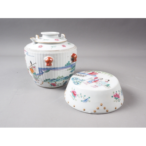 79 - A Chinese porcelain sectioned drum-shaped teapot with figures in a landscape decoration, 6