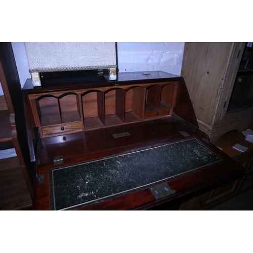 340 - An Edwardian mahogany and satinwood banded fall front bureau, fitted four drawers, 30