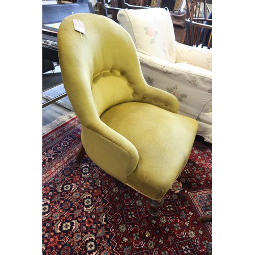 265 - A late 19th century tub chair, button upholstered in an old gold Dralon, on turned and castored supp... 