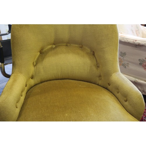 265 - A late 19th century tub chair, button upholstered in an old gold Dralon, on turned and castored supp... 