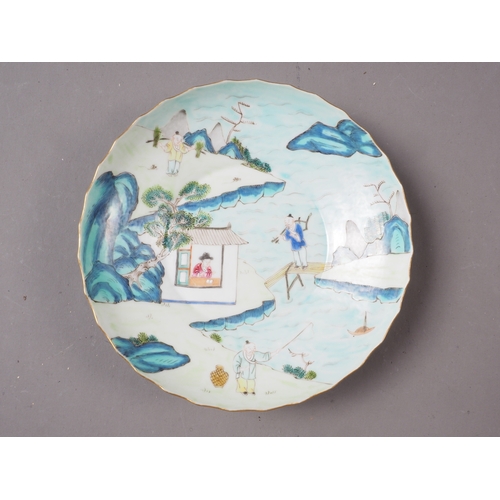 104 - A pair of shaped edge Chinese porcelain dishes, decorated with figures by a river, seal mark to base... 