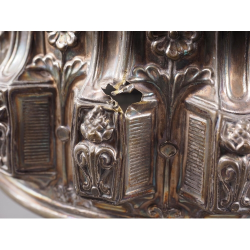 291 - A pair of French silver plated pedestal jardinieres, by C Pillet, with embossed decoration, 9