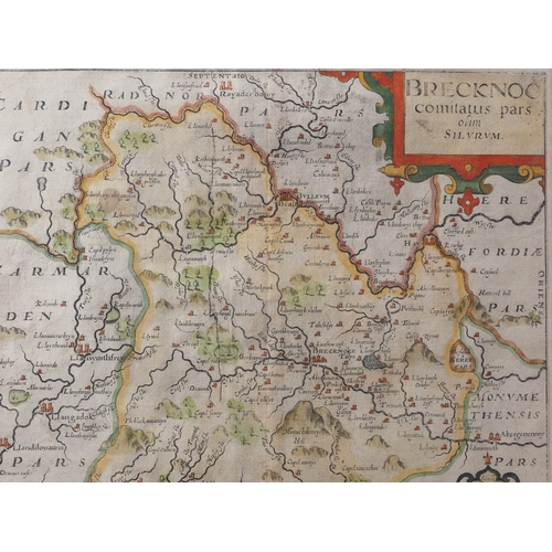 438 - Christopher Saxton: a 17th century hand-coloured map of Brecknock, in gilt frame, a 19th century han... 