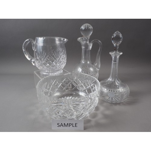 60 - A cut glass part table service, two cut glass decanters and stoppers, a cut glass claret jug, three ... 