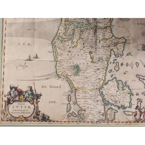 435 - A 17th century hand-coloured map of Jutland, in wooden strip frame, a 17th century hand-coloured map... 