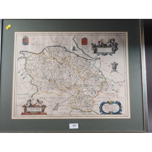 435 - A 17th century hand-coloured map of Jutland, in wooden strip frame, a 17th century hand-coloured map... 