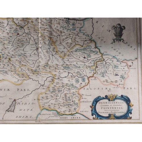 435 - A 17th century hand-coloured map of Jutland, in wooden strip frame, a 17th century hand-coloured map... 