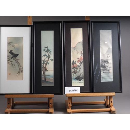 385 - A Japanese woodblock print, figures on a bridge, and five other narrow woodblock prints