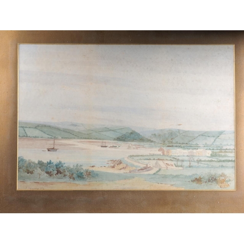 454 - Syd Newcombe: watercolours, landscape with beach, boats and distant hills, 15 1/2