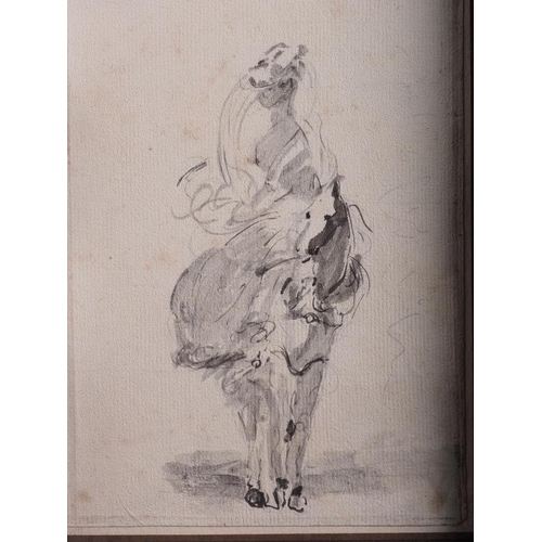 477 - Early follower of Tiepolo: 18th century pen and wash sketch of a woman on a horse, 8 1/4