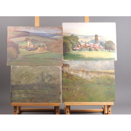 481 - Four early 20th century oils on boards, landscapes and buildings