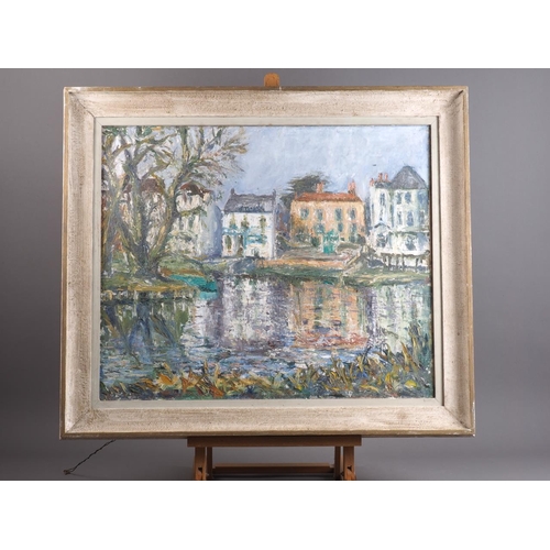 485 - A pair of 1950s impasto oil paintings, rural village scenes, 19 1/2