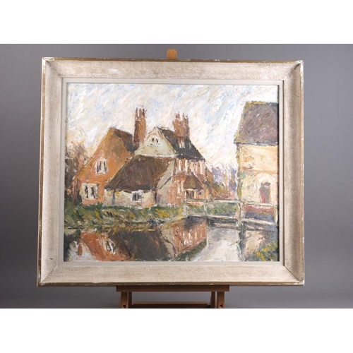 485 - A pair of 1950s impasto oil paintings, rural village scenes, 19 1/2