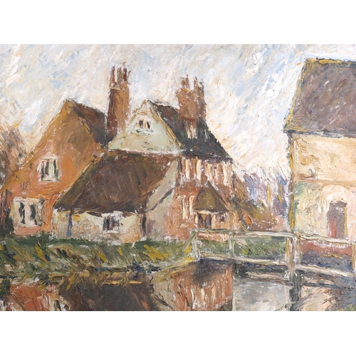 485 - A pair of 1950s impasto oil paintings, rural village scenes, 19 1/2