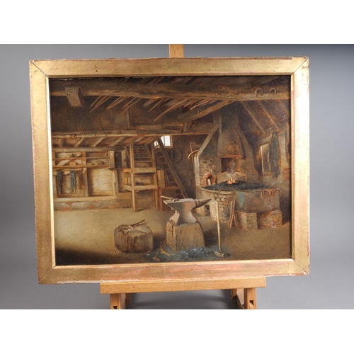 487 - English late 19th century: oil on canvas, inside a smithy, 13 1/2