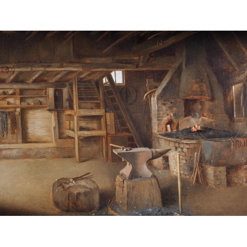 487 - English late 19th century: oil on canvas, inside a smithy, 13 1/2